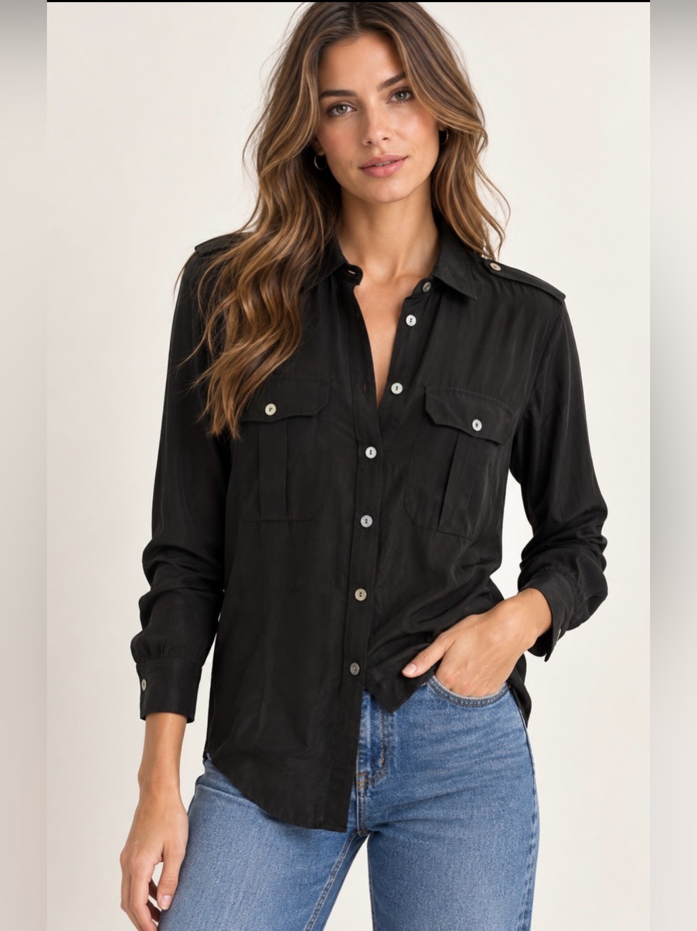 Ralph Lauren Rugby Silk Shirt 6 Black Utility Military Safari Quiet Luxury